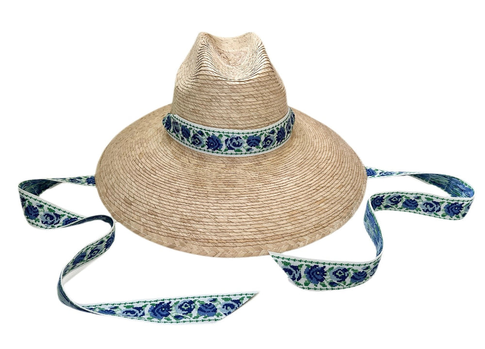 Hollyhock Sun Hat in Vintage Azure Garden Rose Long Ribbon