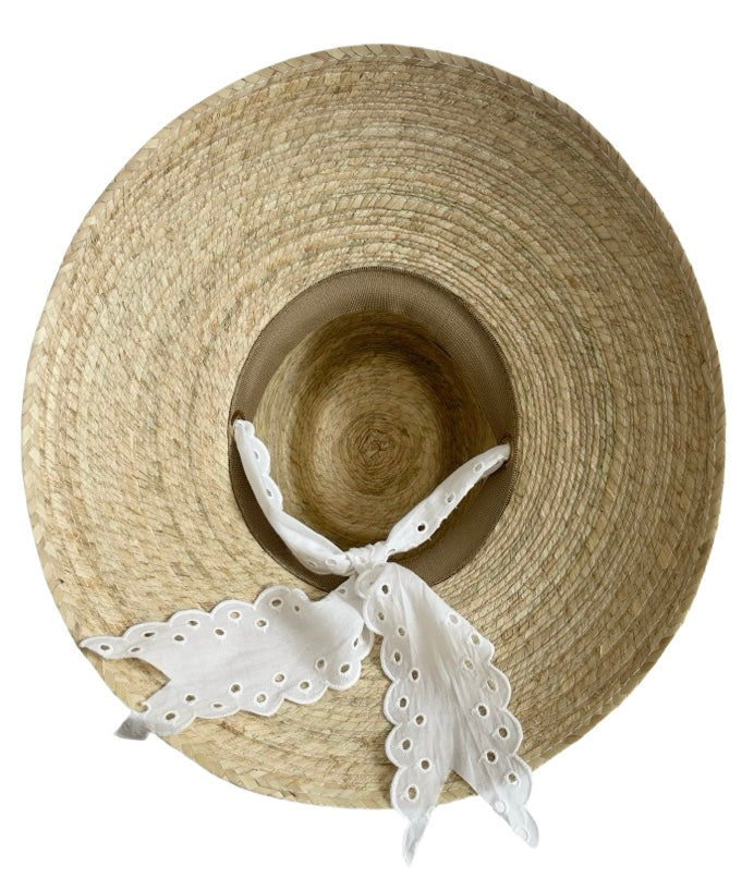 Wildflower Sun Hat in Antique Eyelet Scallop Lace Wide & Short Ribbon