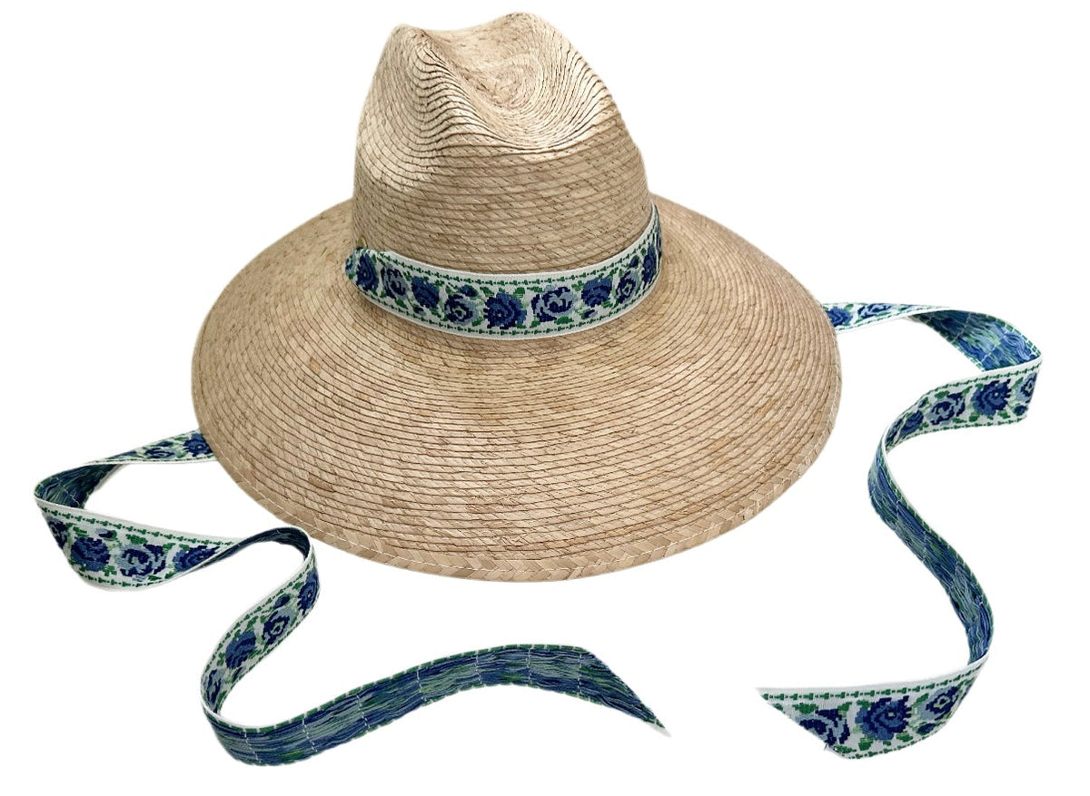 Hollyhock Sun Hat in Vintage Azure Garden Rose Long Ribbon
