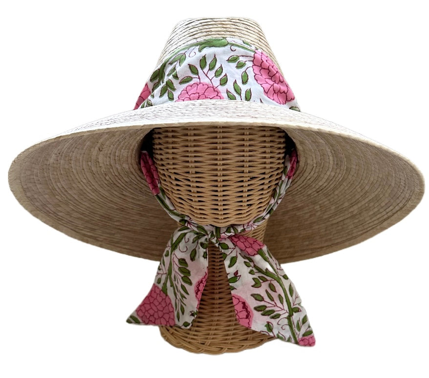 Hollyhock Sun Hat in Pink Marigold Block Print Hat Scarf