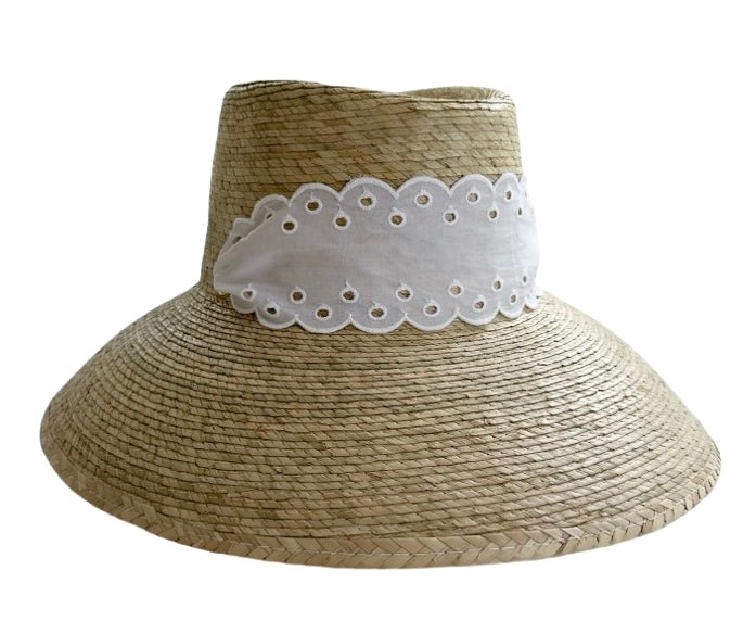 Wildflower Sun Hat in Antique Eyelet Scallop Lace Wide & Short Ribbon