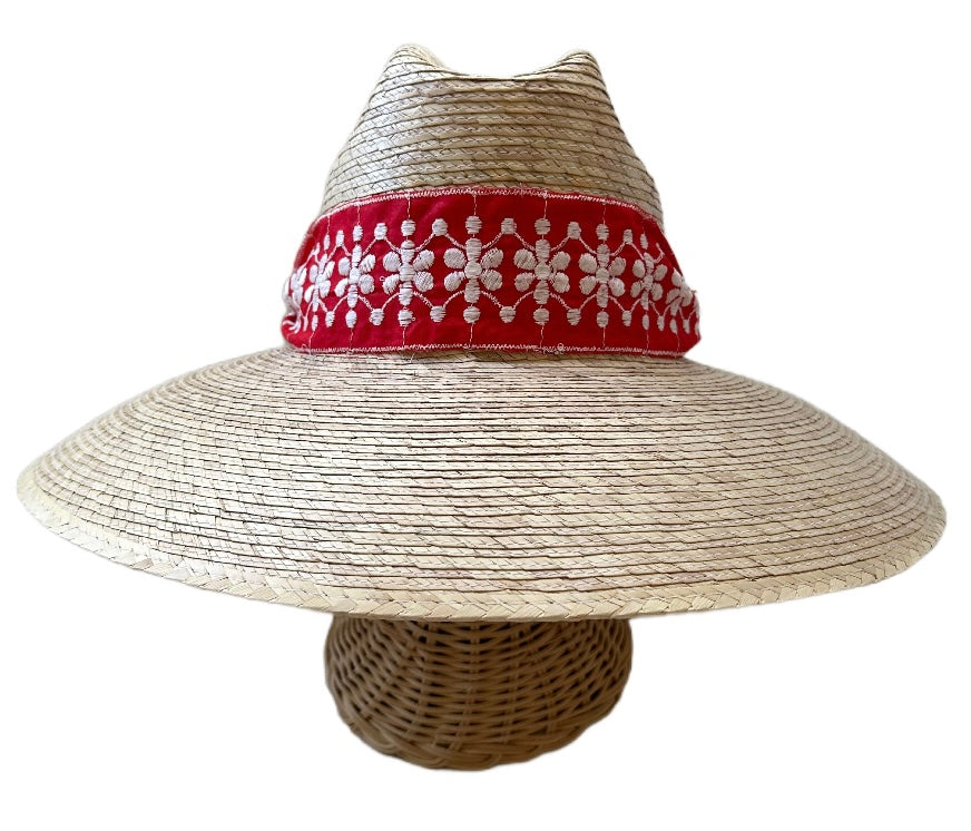 Hollyhock Sun Hat in Vintage Red with White Embroidered Ribbon