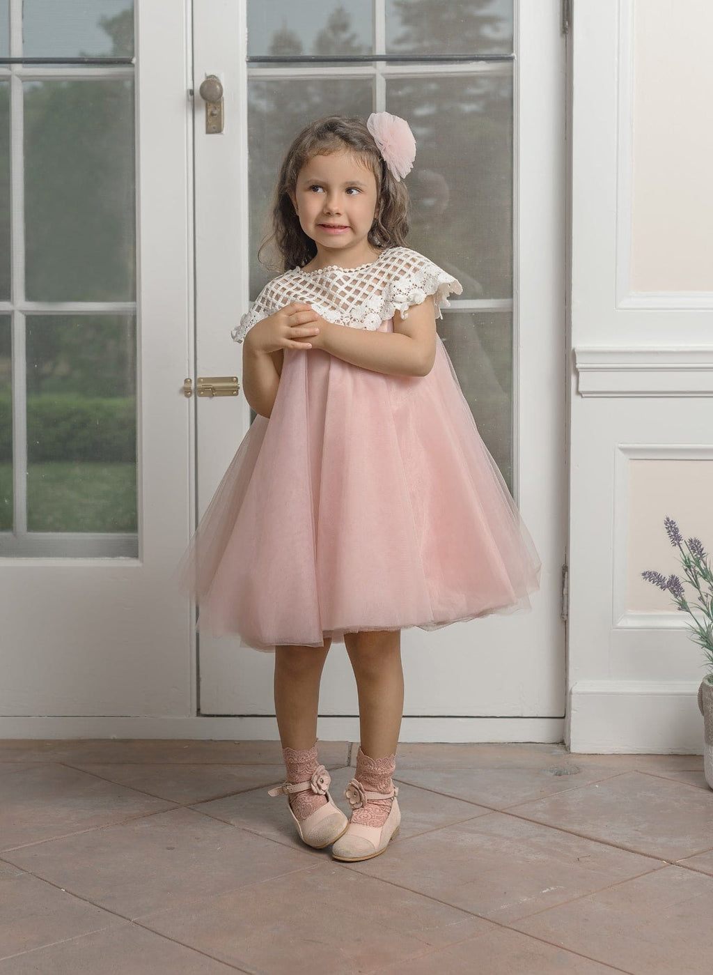 Girls pink tulle dress with lace bodice for special occasions