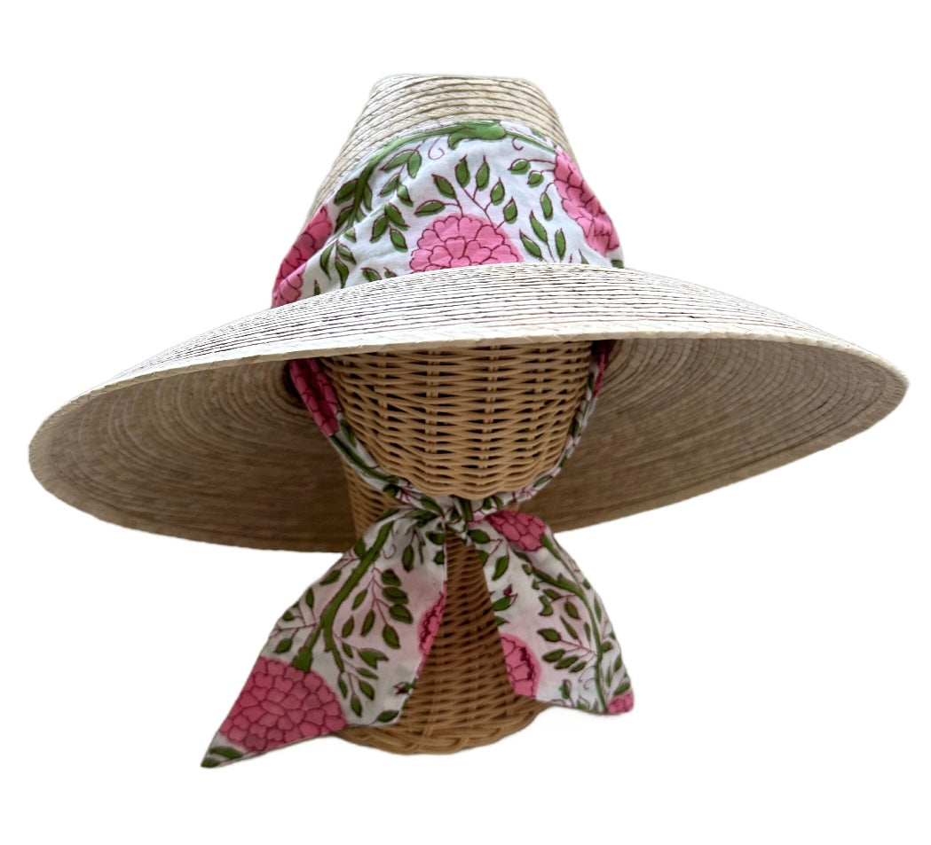 Hollyhock Sun Hat in Pink Marigold Block Print Hat Scarf