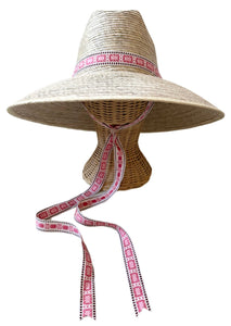 Hollyhock Sun Hat in Vintage Pink Geometric Ribbon with Rose Quartz Toggle