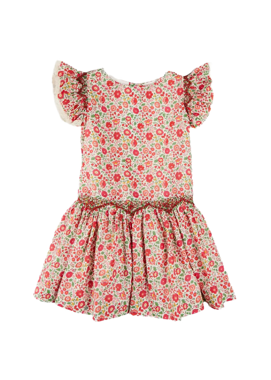 Margot Liberty Floral Hand-Smocked Sleeveless Dress in Red