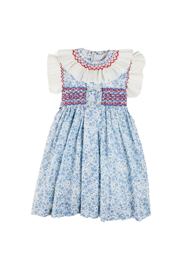 Charlotte Floral Hand Smocked Sleeveless Dress in Blue