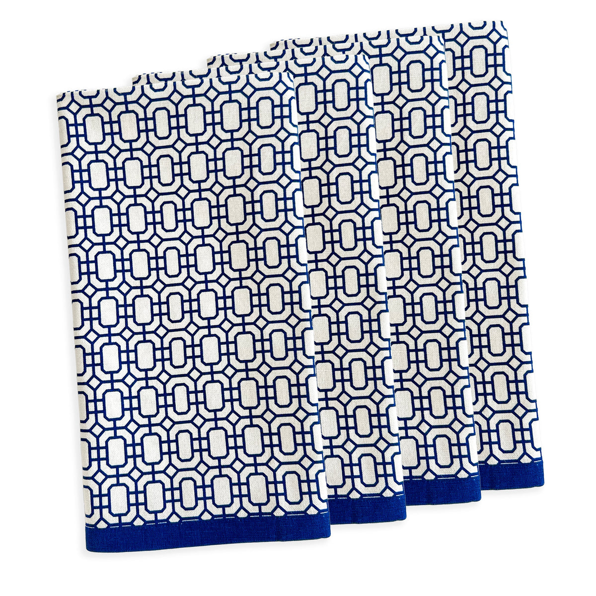Front view of Newport Garden Gate Dinner Napkins in Blue, Set of 4 showcasing geometric blue pattern with white background