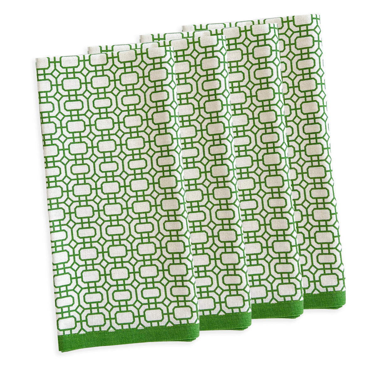 Front view of Newport Garden Gate dinner napkins, set of 4 in green, with geometric pattern and green hems on white