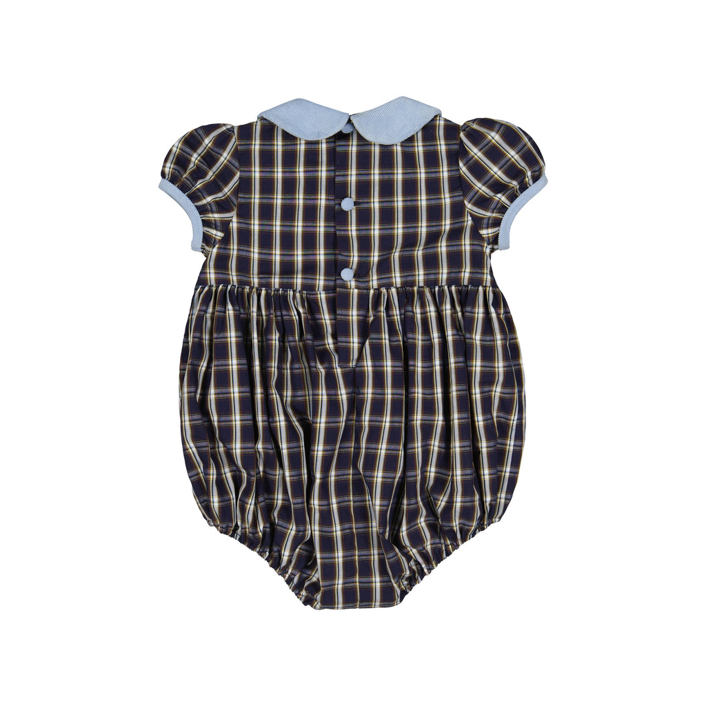 Angelica Navy Tartan Short Sleeve Smocked Bubble