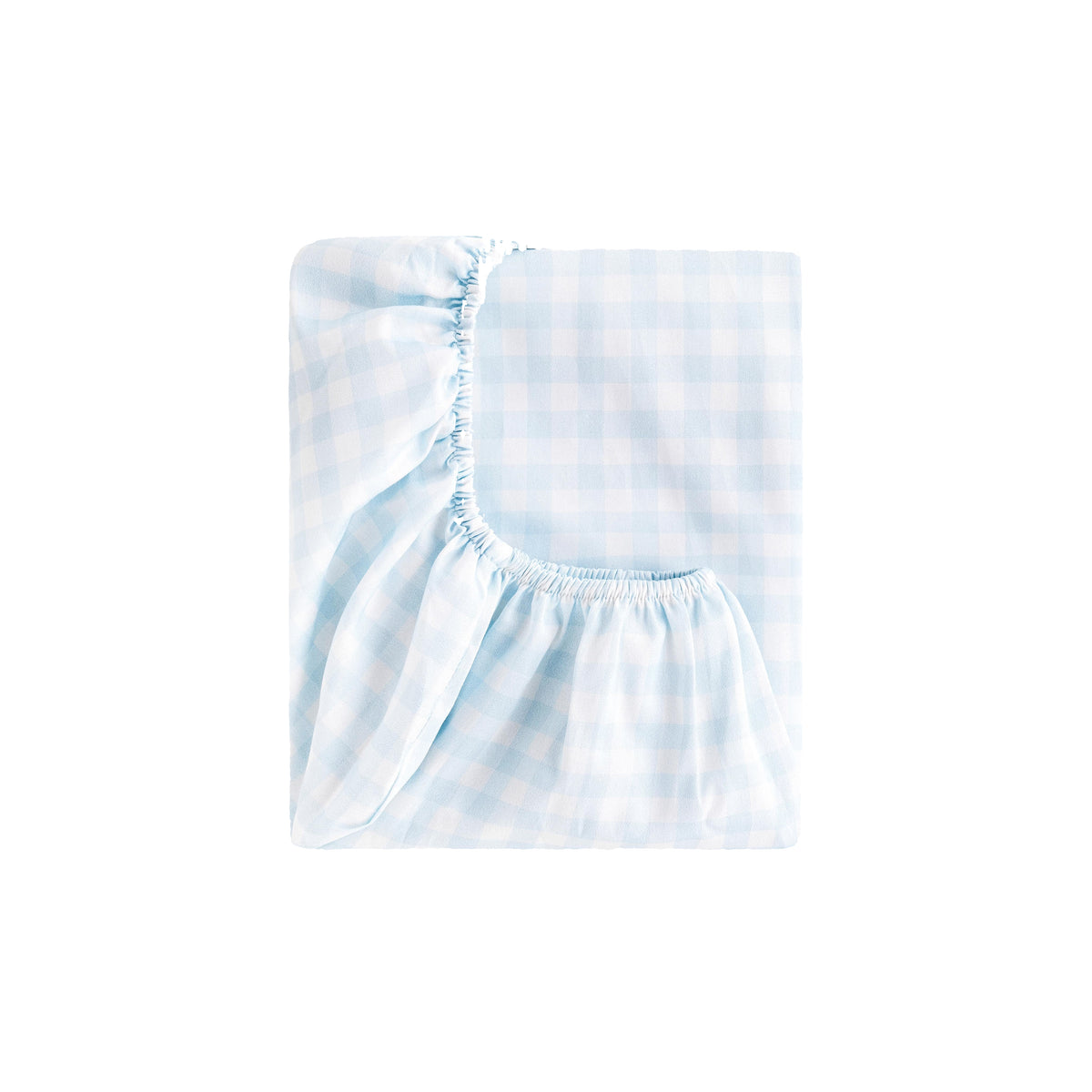 Folded Picnic Gingham crib sheet in blue showing elastic corner on white background