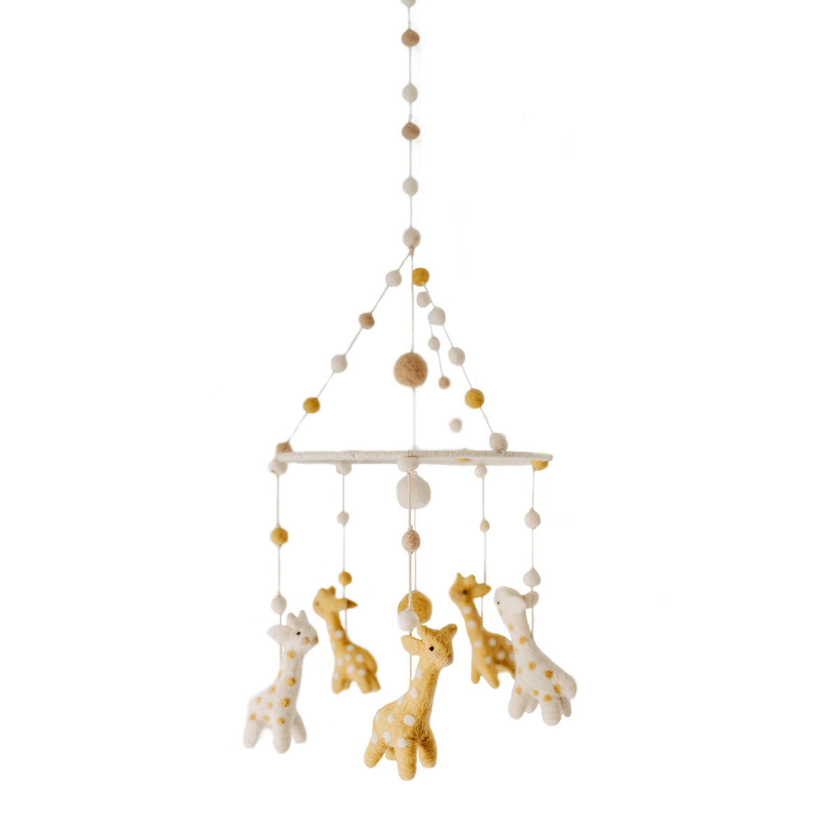Front view of Classic Mobile in Gentle Giraffe showcasing hanging giraffe figures with a white background