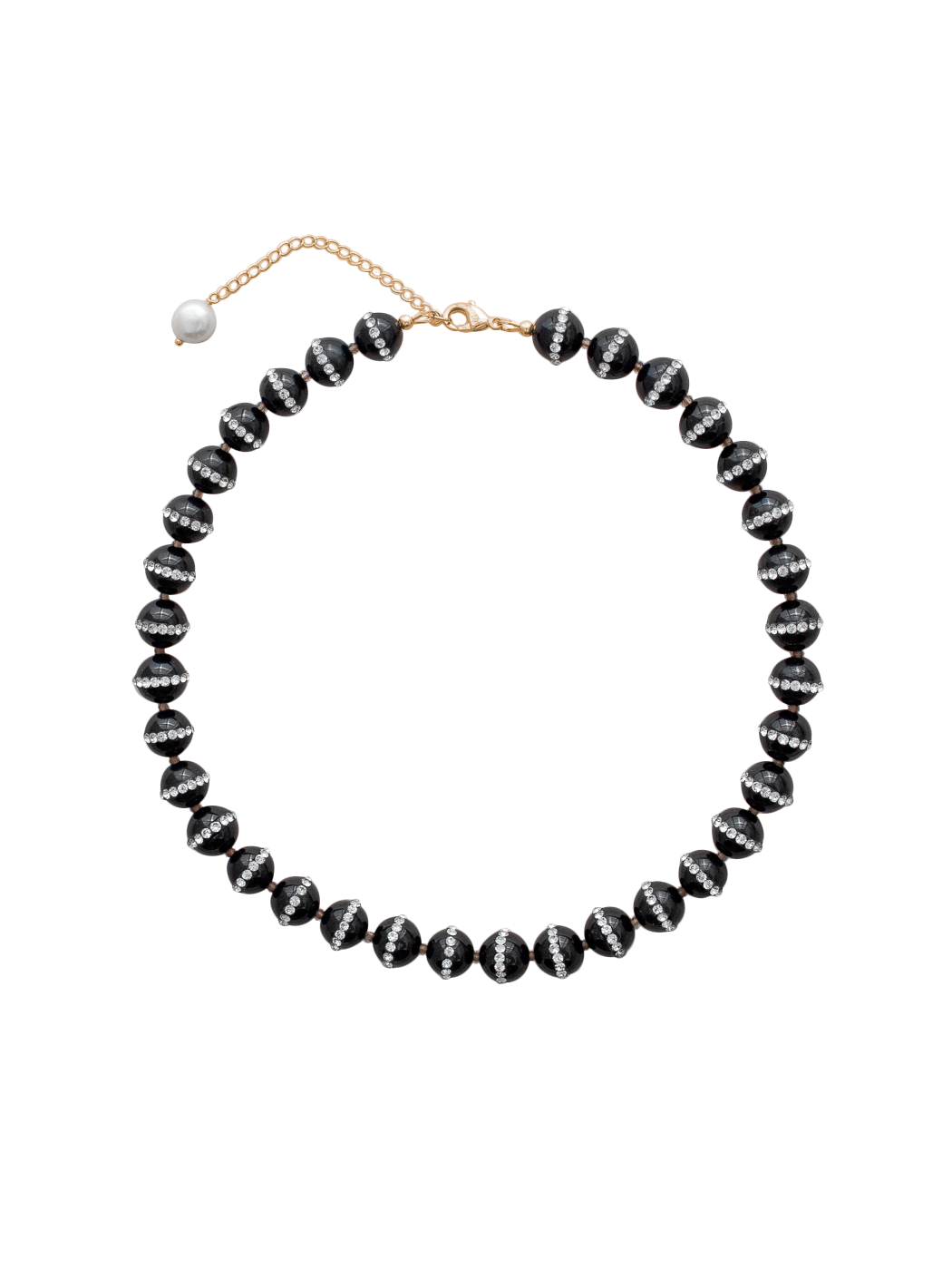 Top-down view of Gisele necklace in black showcasing faceted onyx beads with crystal band and gold-filled clasp on black