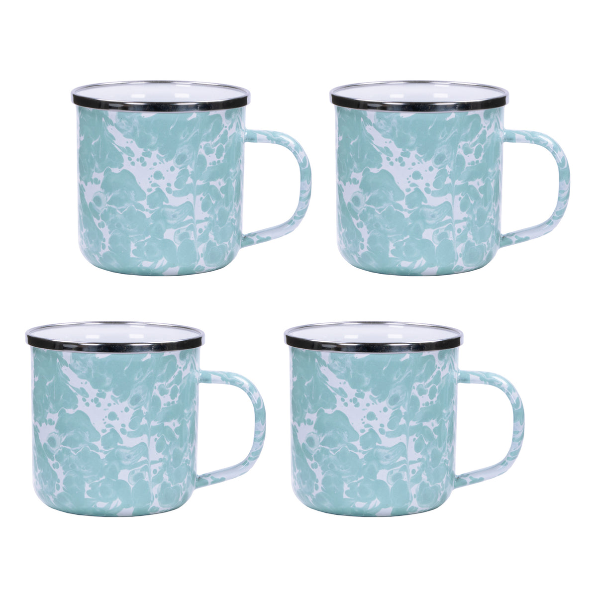 Front view of Adult Mugs in Sea Glass, Set of 4 showcasing marbled enamel finish and stainless steel rims on a white background