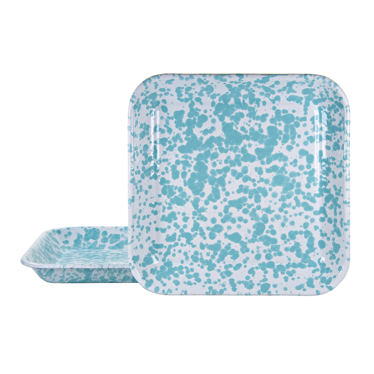 Front and angled view of Square Trays in Sea Glass, Set of 4 with turquoise splatter pattern on white background