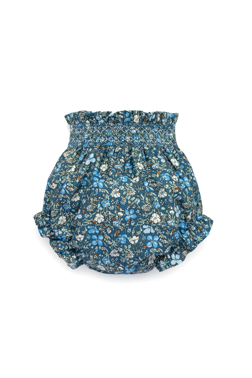Flat lay of Emma Bloomers showing smocked waistband, ruffled leg openings, and blue Twilight Bloom floral print
