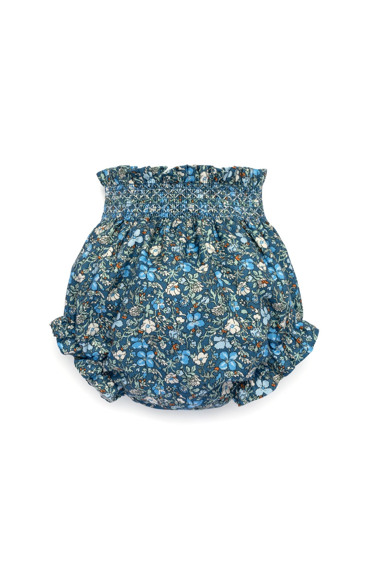 Flat lay of Emma Bloomers showing smocked waistband, ruffled leg openings, and blue Twilight Bloom floral print
