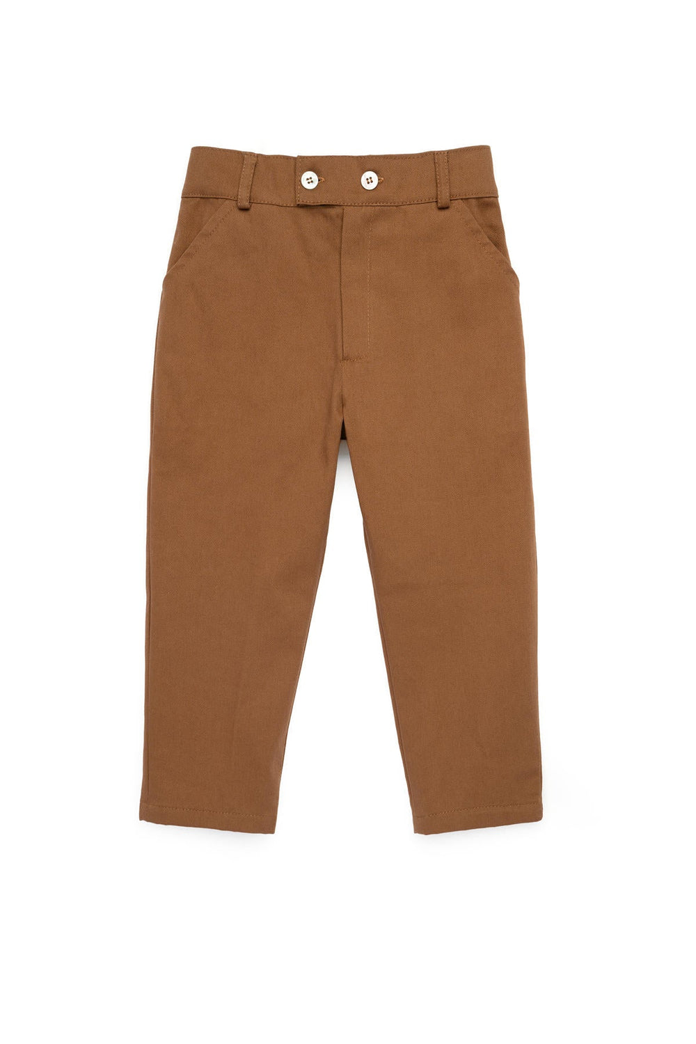 Front view of George Pants in chestnut showcasing tailored silhouette, front pockets and double-button waistband on white background