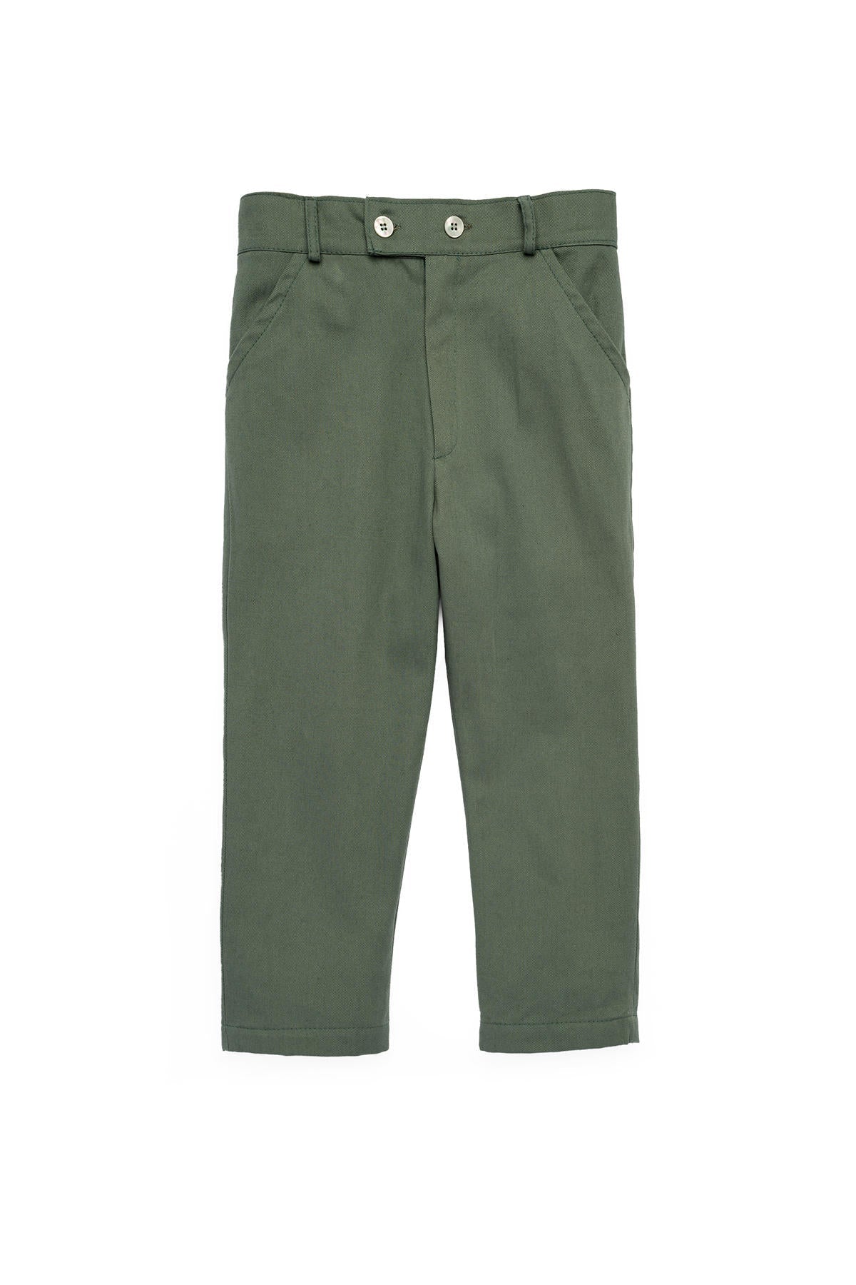 Front view of George Pants in forest green showing buttoned high waist, slanted pockets, and straight legs