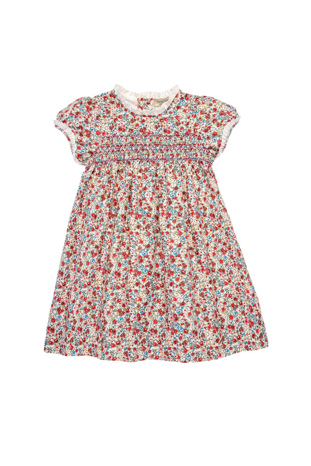 Front flat lay of Gabriela dress with smocked bodice, ruffle collar and puff sleeves, red floral print on white background