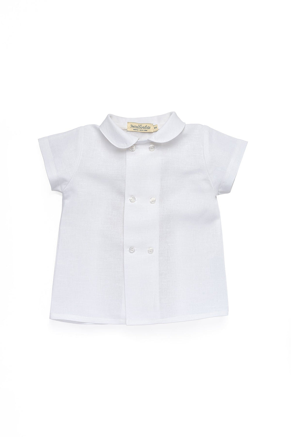 Front view of Gabriel linen shirt in cloud white showcasing Peter Pan collar and double-breasted buttons on white background