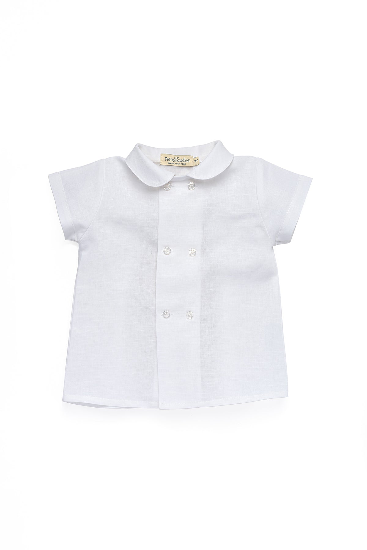 Front view of Gabriel linen shirt in cloud white showcasing Peter Pan collar and double-breasted buttons on white background
