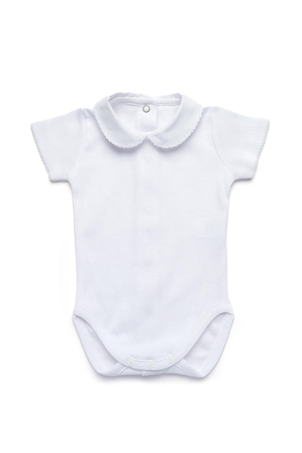 Front of Luca bodysuit in cloud white with Peter Pan collar, picot trim, short sleeves, and three snaps