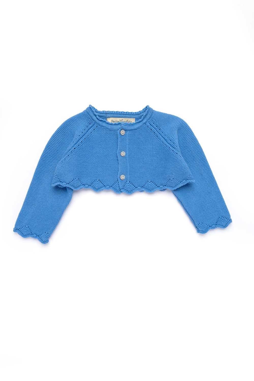 Flat lay of Juliette cardigan in morning blue showing cropped fit, scalloped hem and button-front knit on white background