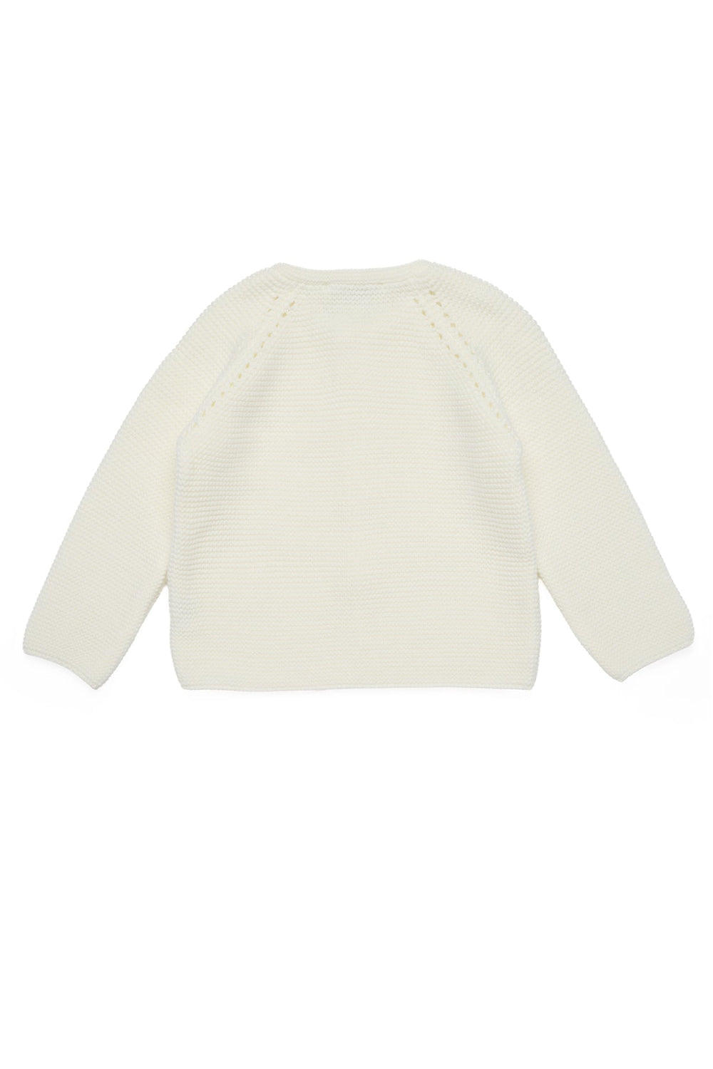 Back view of Jules Cardigan in Ivory White showcasing textured knit and raglan shoulder detail on white background
