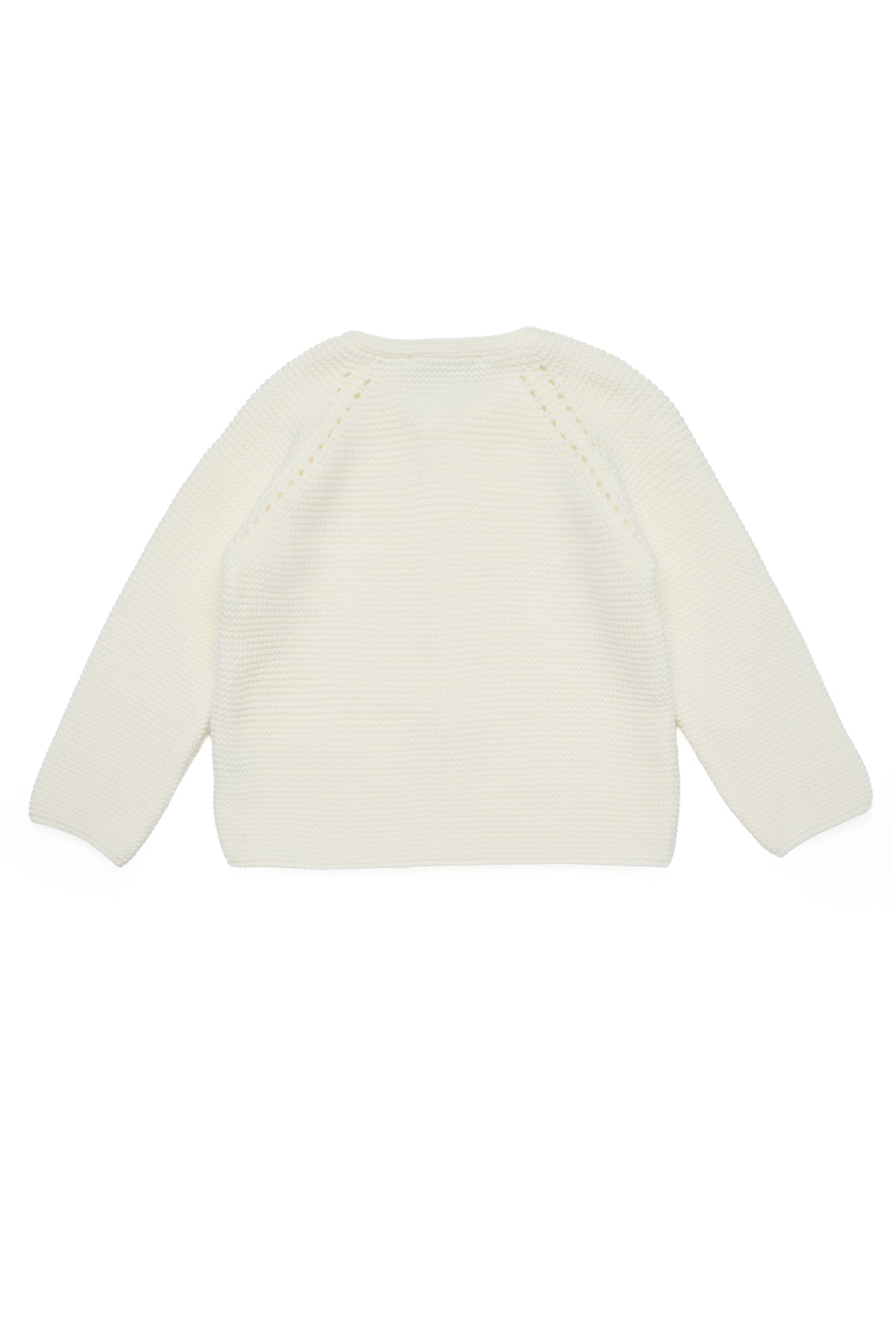 Back view of Jules Cardigan in Ivory White showcasing textured knit and raglan shoulder detail on white background