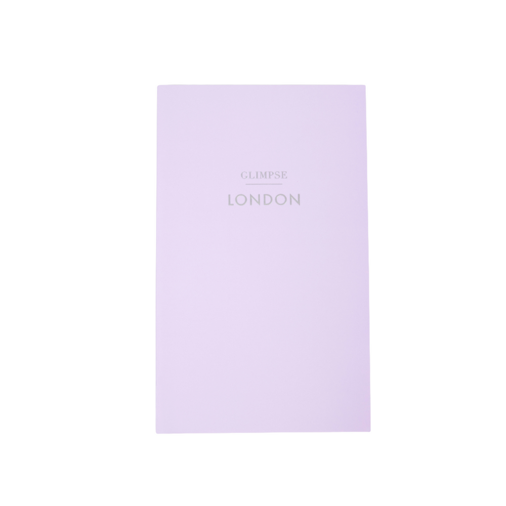 Front view of Glimpse Guide Book London showcasing lavender hardcover with centered GLIMPSE and LONDON text on white background