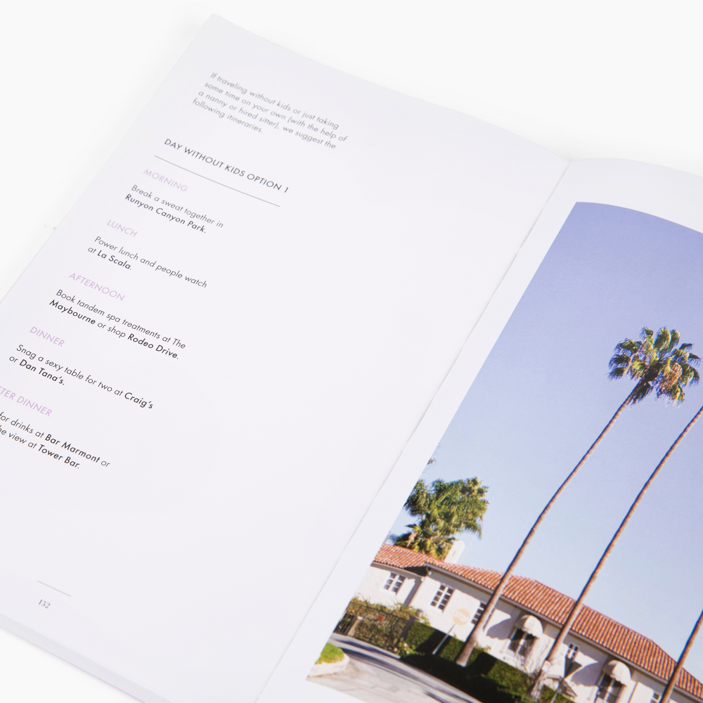 Angled view of Glimpse Guide Los Angeles open to an itinerary page showing text and a right-hand photo of palm trees on a white background