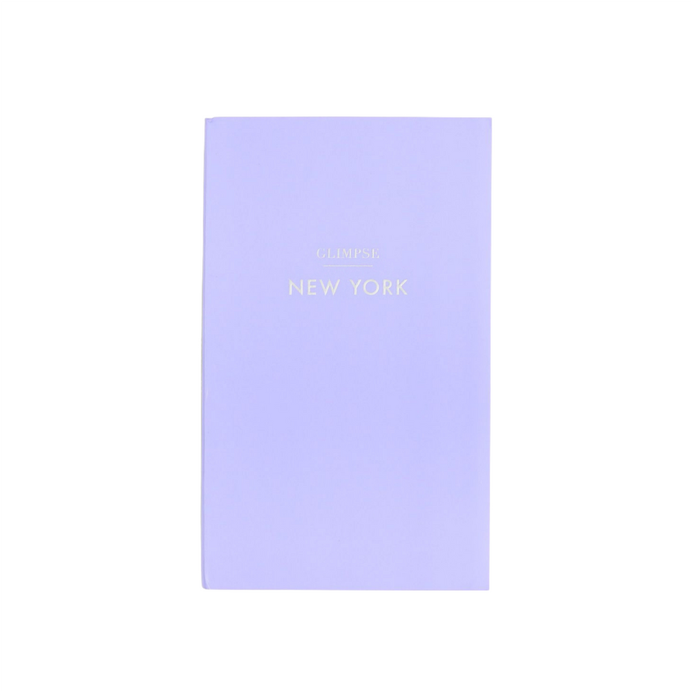 Front view of Glimpse Guide New York hardcover showing lilac cover with gold foil title on white background