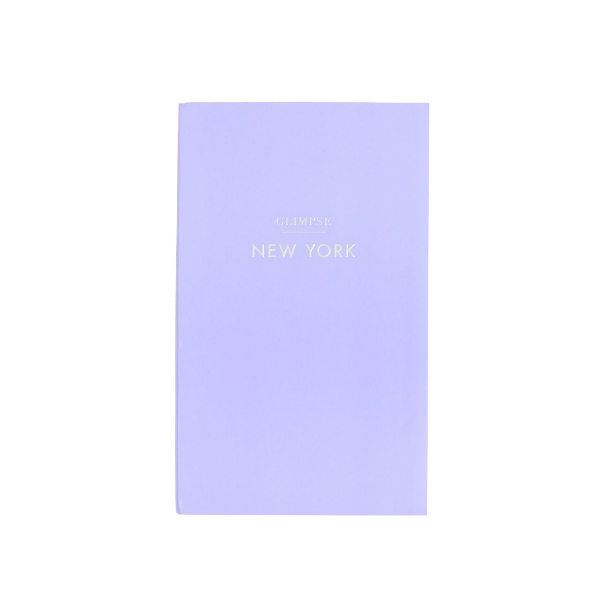 Front view of Glimpse Guide New York hardcover showing lilac cover with gold foil title on white background