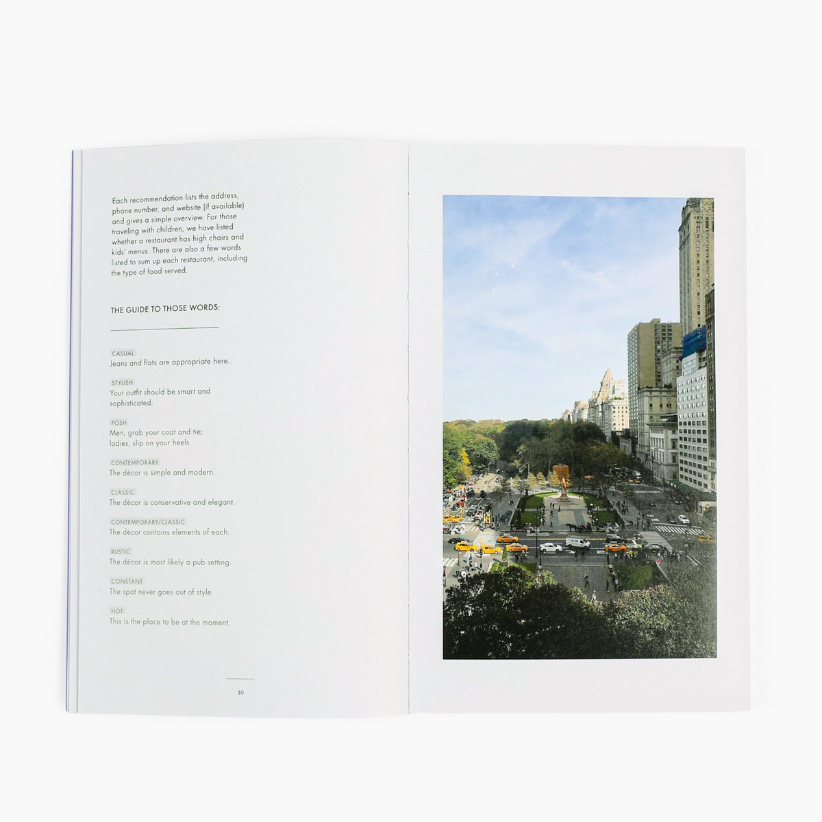 Top view of Glimpse Guide Book New York open to two pages: left with guide text, right with photo of a New York park