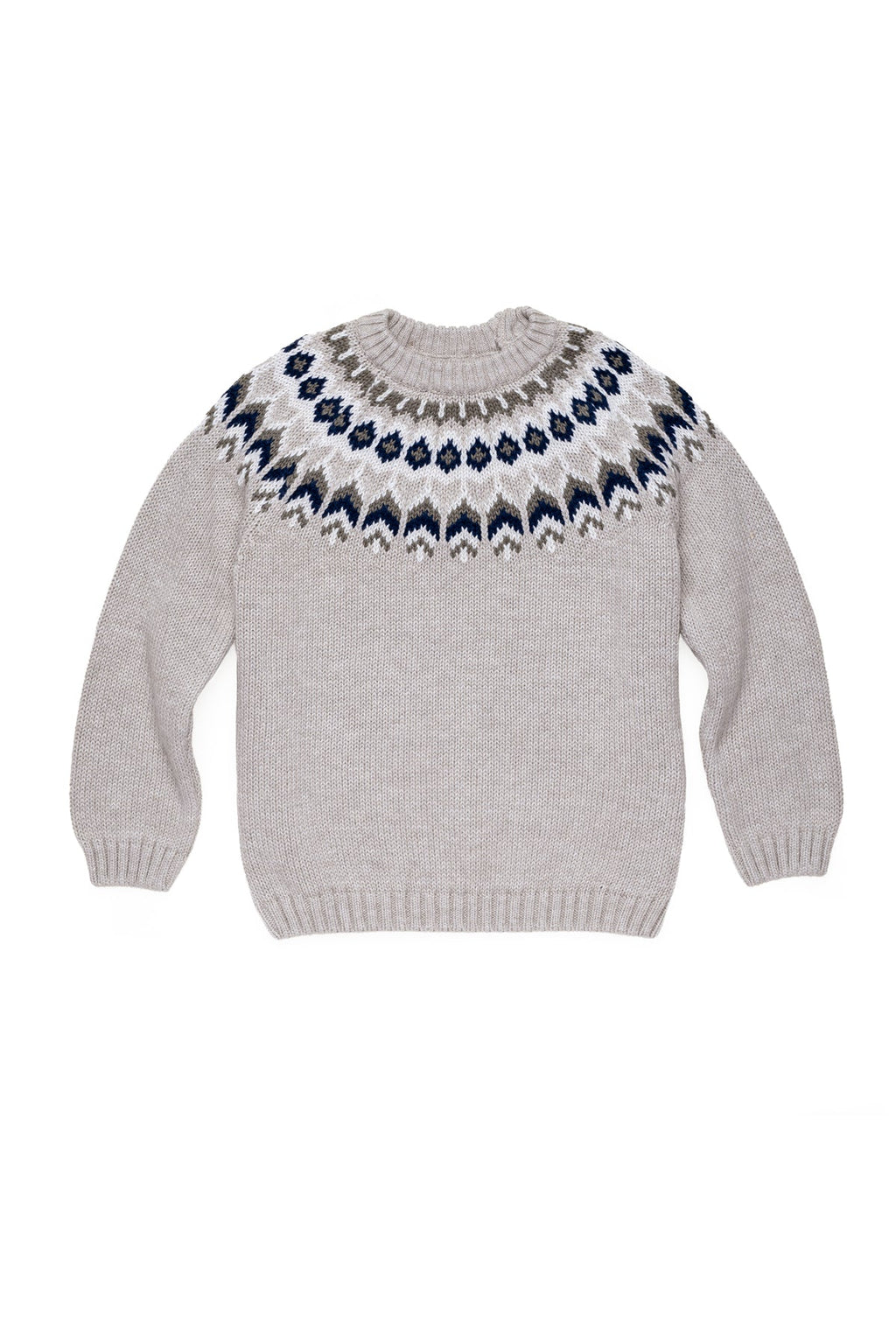Front view of Nicolas Fair Isle Sweater in Ecru showcasing cream and navy Fair Isle knit pattern with white background