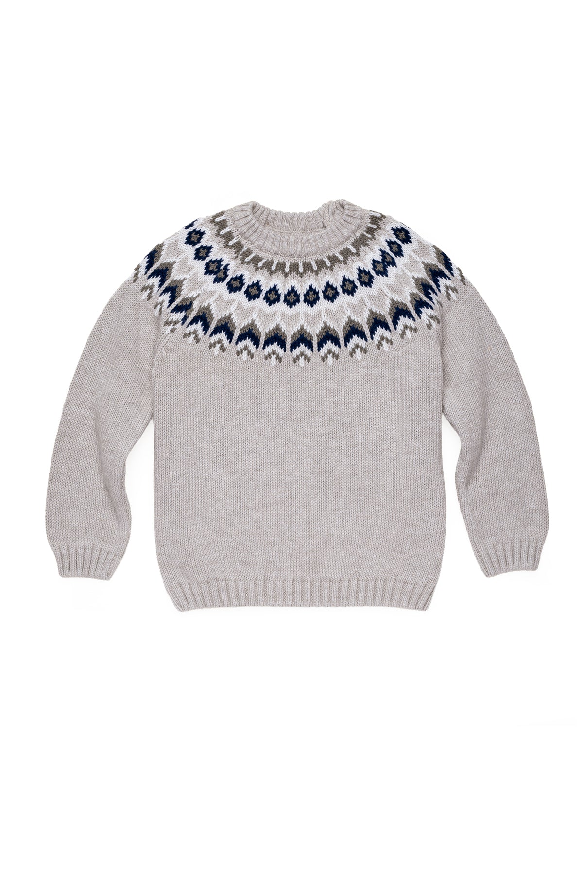 Front view of Nicolas Fair Isle Sweater in Ecru showcasing cream and navy Fair Isle knit pattern with white background