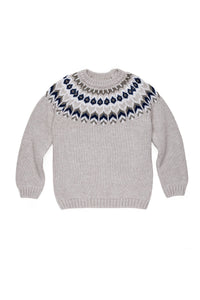 Front view of Nicolas Fair Isle Sweater in Ecru showcasing cream and navy Fair Isle knit pattern with white background
