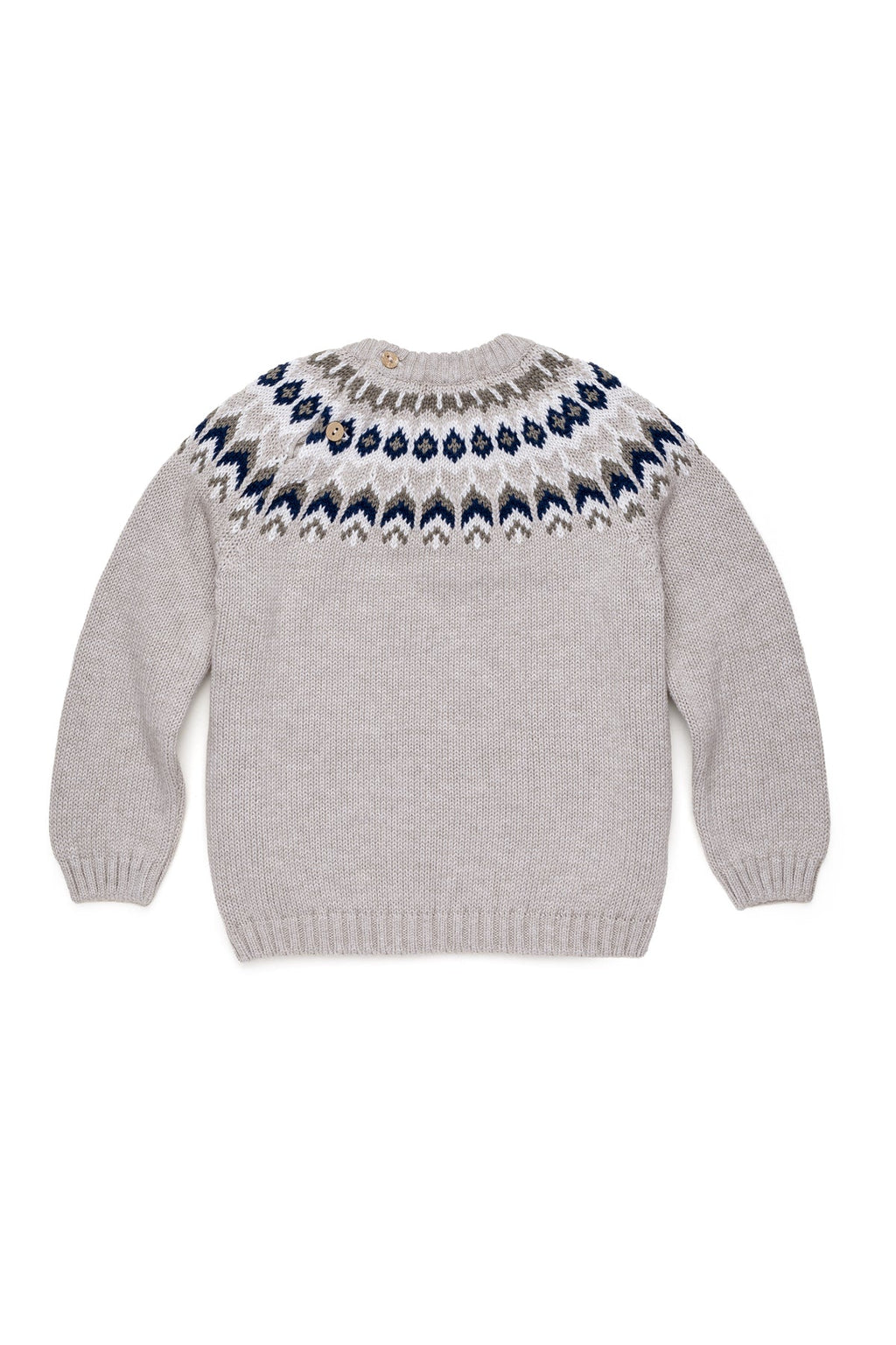 Front view of Nicolas Fair Isle Sweater in Ecru showcasing cream and navy Fair Isle knit pattern on white background