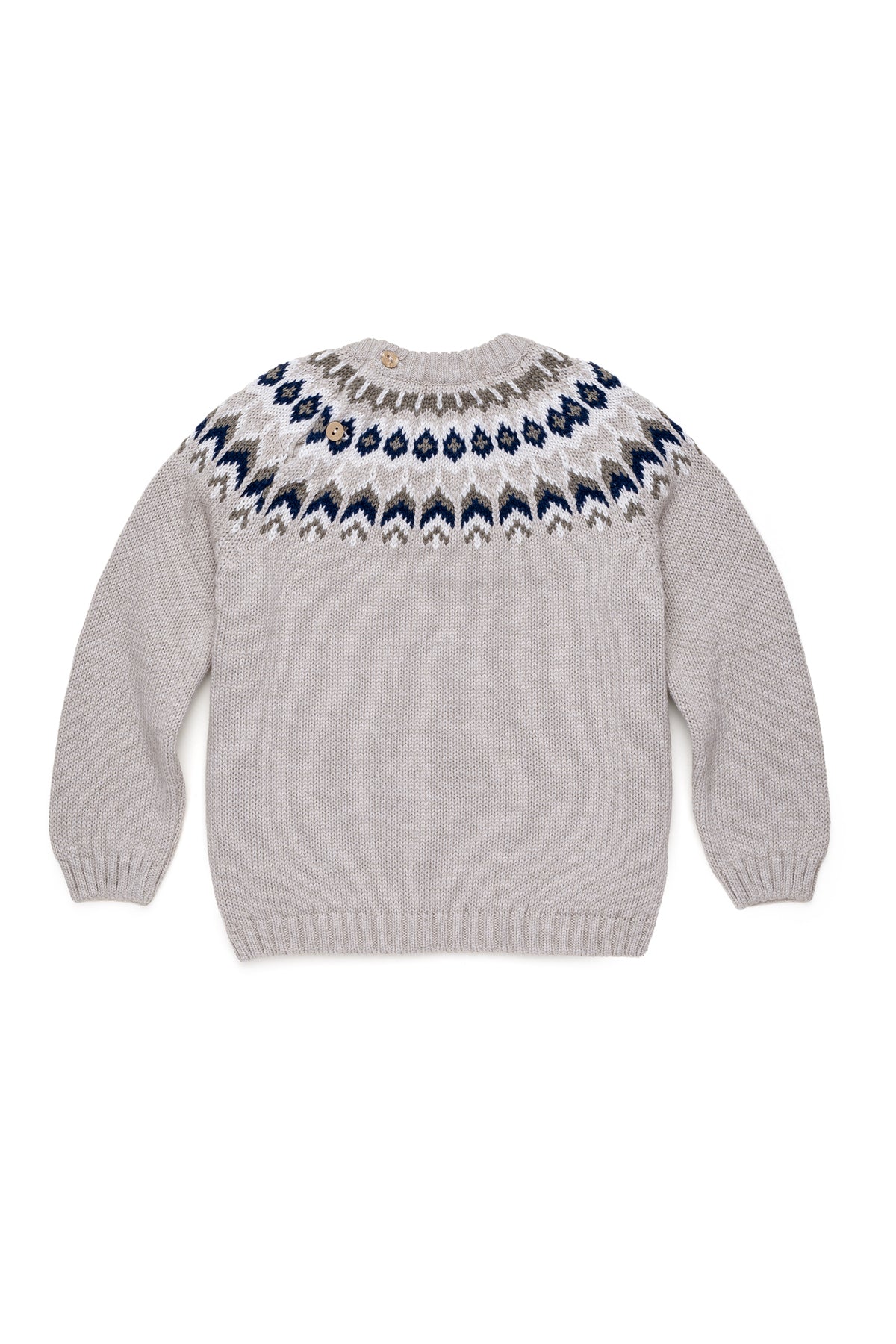 Front view of Nicolas Fair Isle Sweater in Ecru showcasing cream and navy Fair Isle knit pattern on white background