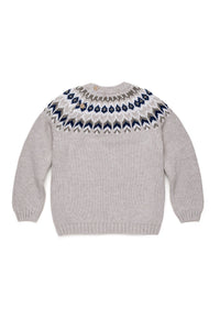 Front view of Nicolas Fair Isle Sweater in Ecru showcasing cream and navy Fair Isle knit pattern on white background
