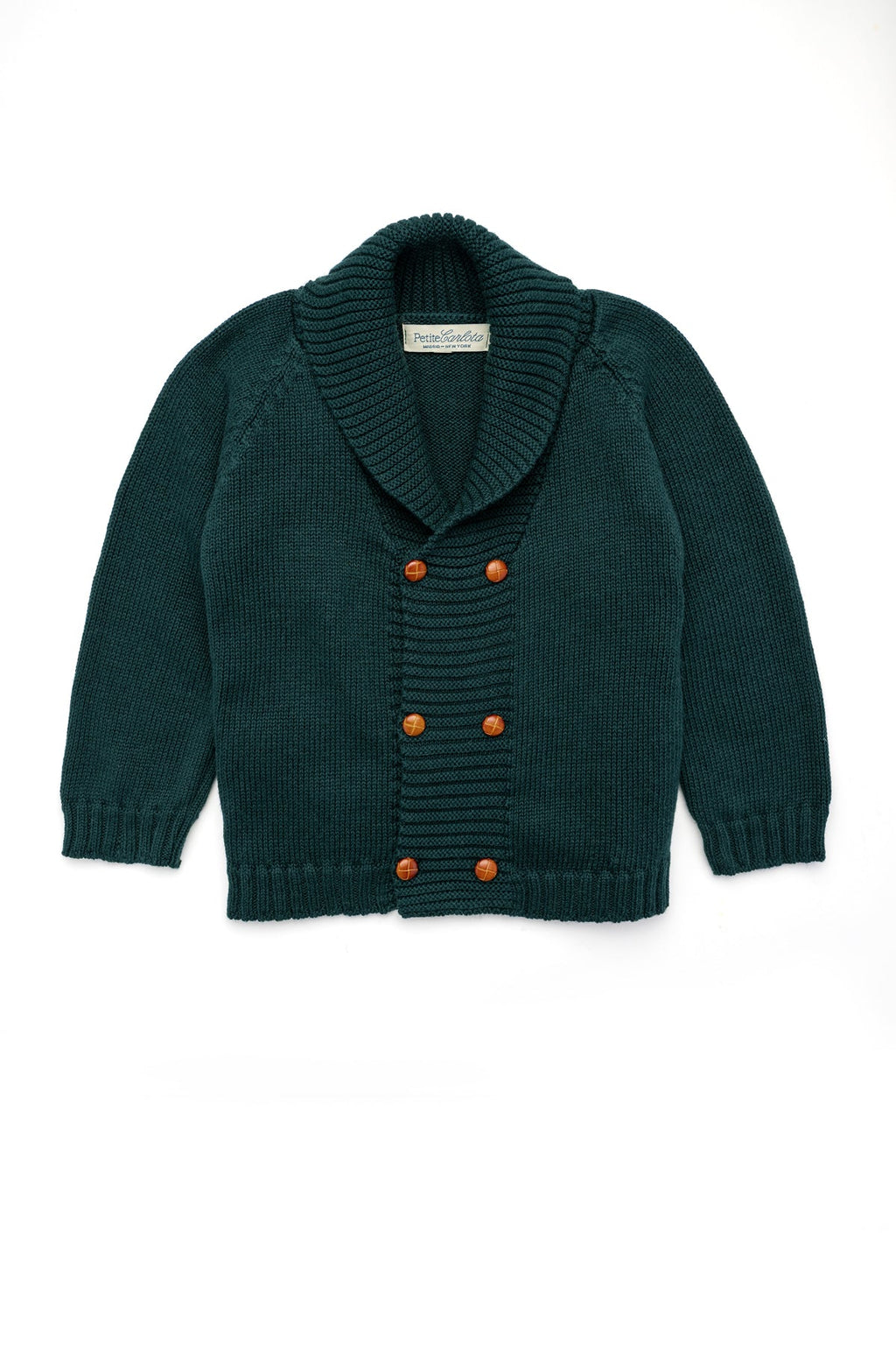 Front view of the Felipe Sweater in Evergreen showcasing its ribbed collar, double-breasted design, and caramel buttons with a white background