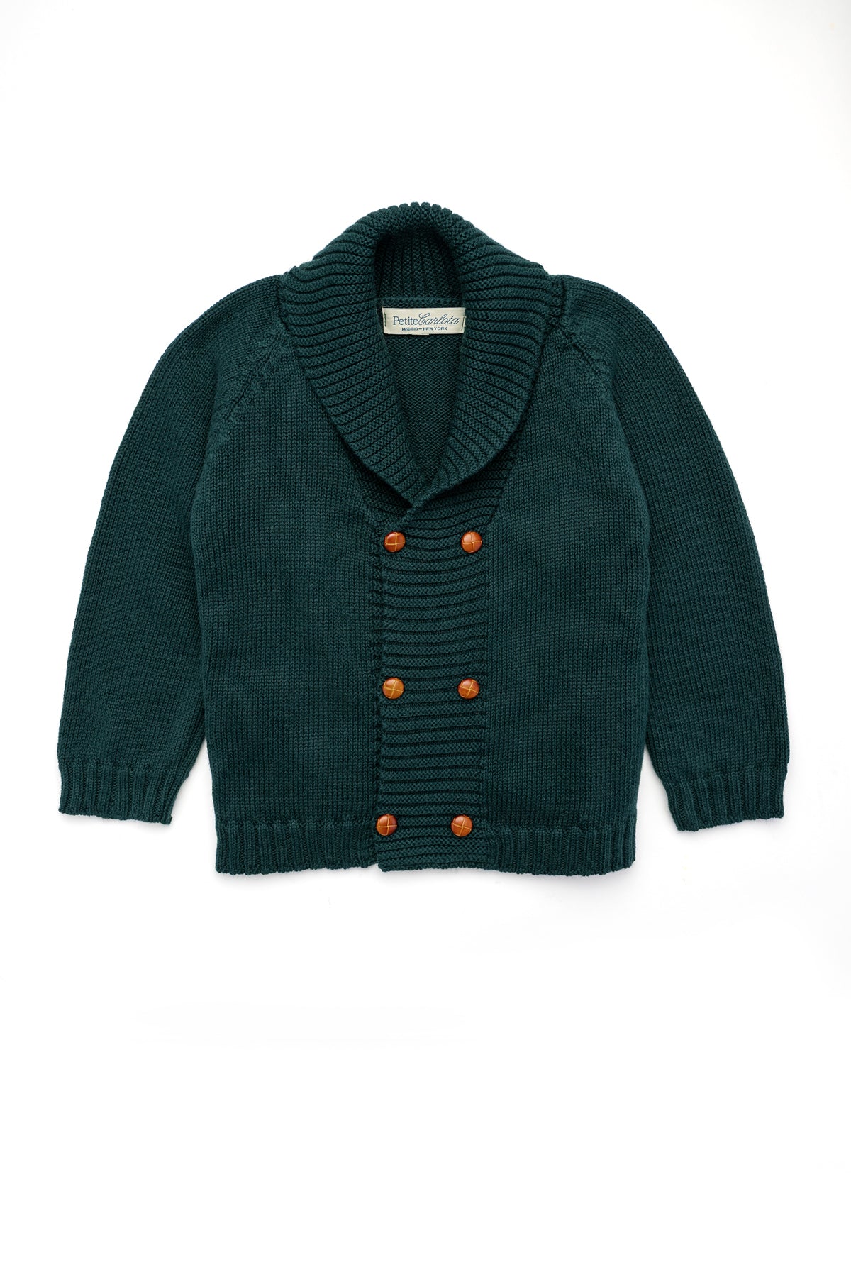 Front view of the Felipe Sweater in Evergreen showcasing its ribbed collar, double-breasted design, and caramel buttons with a white background