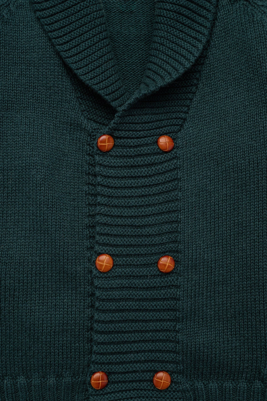 Front close-up of the Felipe Sweater in Evergreen showcasing ribbed collar and caramel buttons with knit texture