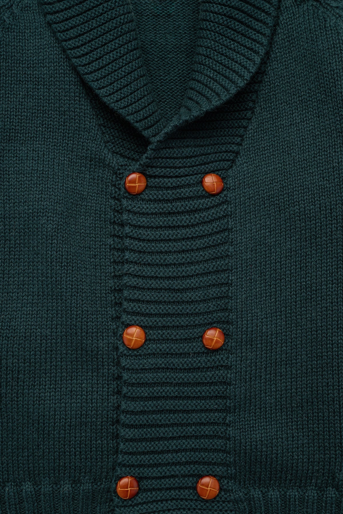 Front close-up of the Felipe Sweater in Evergreen showcasing ribbed collar and caramel buttons with knit texture