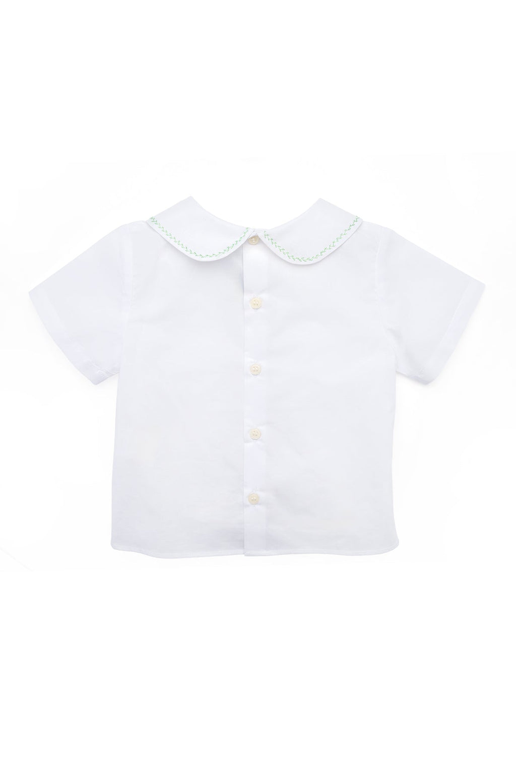 Front view of Eduardo Shirt in Olive showcasing Peter Pan collar, short sleeves, and herringbone embroidery with a white background