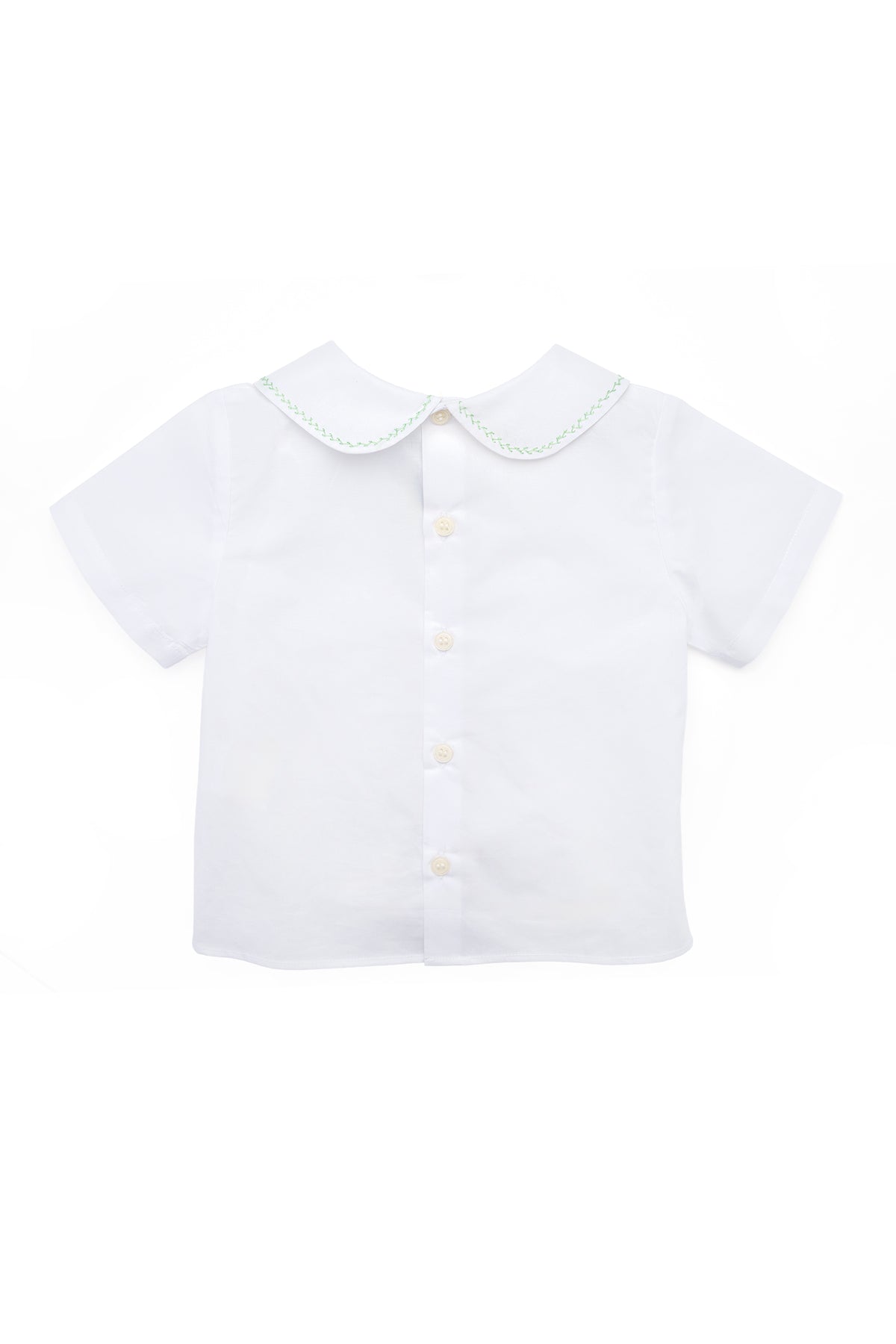 Front view of Eduardo Shirt in Olive showcasing Peter Pan collar, short sleeves, and herringbone embroidery with a white background