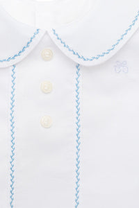Close-up front view of Eduardo Shirt in Bluebell showcasing Peter Pan collar and herringbone embroidery on a white background