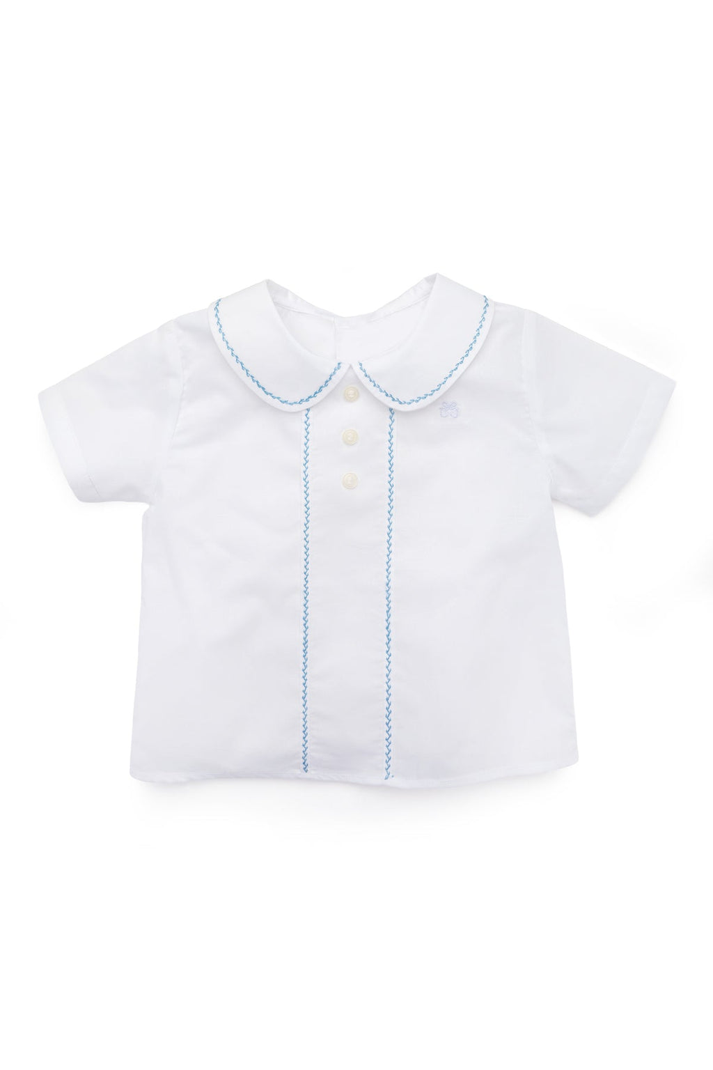 Front view of Eduardo Shirt in Bluebell with Peter Pan collar and herringbone embroidery on white background