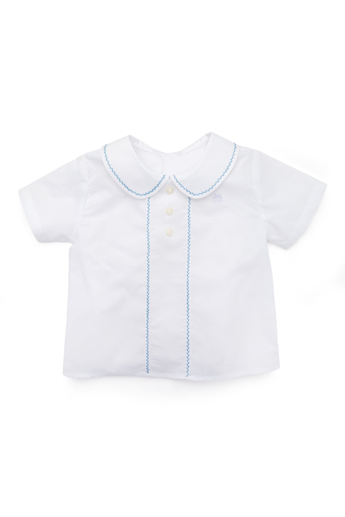Front view of Eduardo Shirt in Bluebell with Peter Pan collar and herringbone embroidery on white background